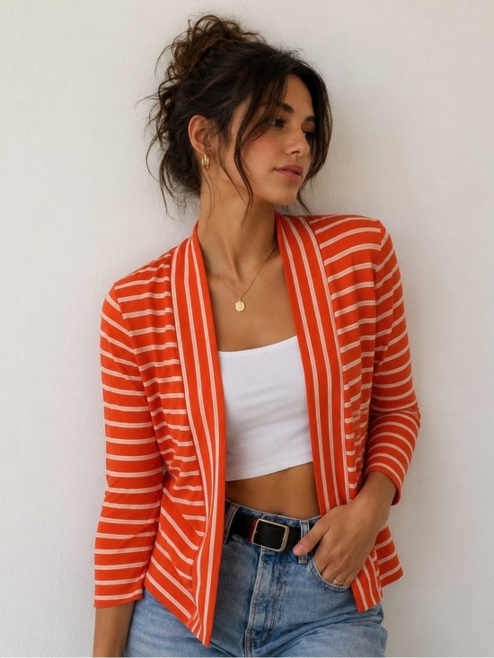 Denim&Co Women's Orange Striped Cardigan